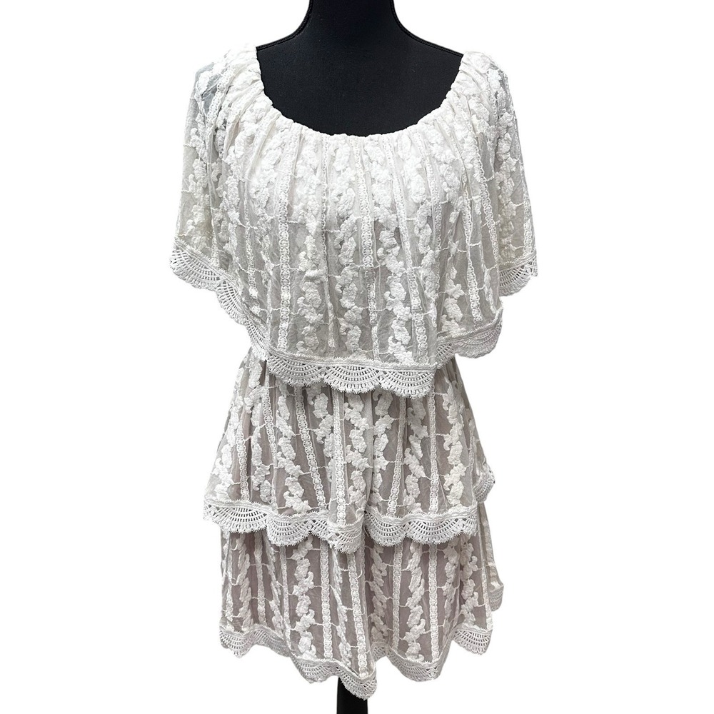 Show Me Your Mumu Ivory Lace Champagne Ruffle BOHO Dress Wedding Cap Sleeve SZ L